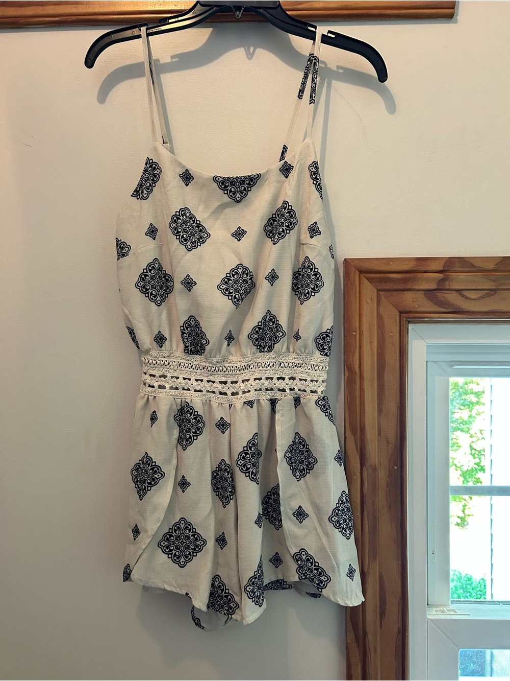 iris Ivory and Black Tile-Print Spaghetti Strap Romper